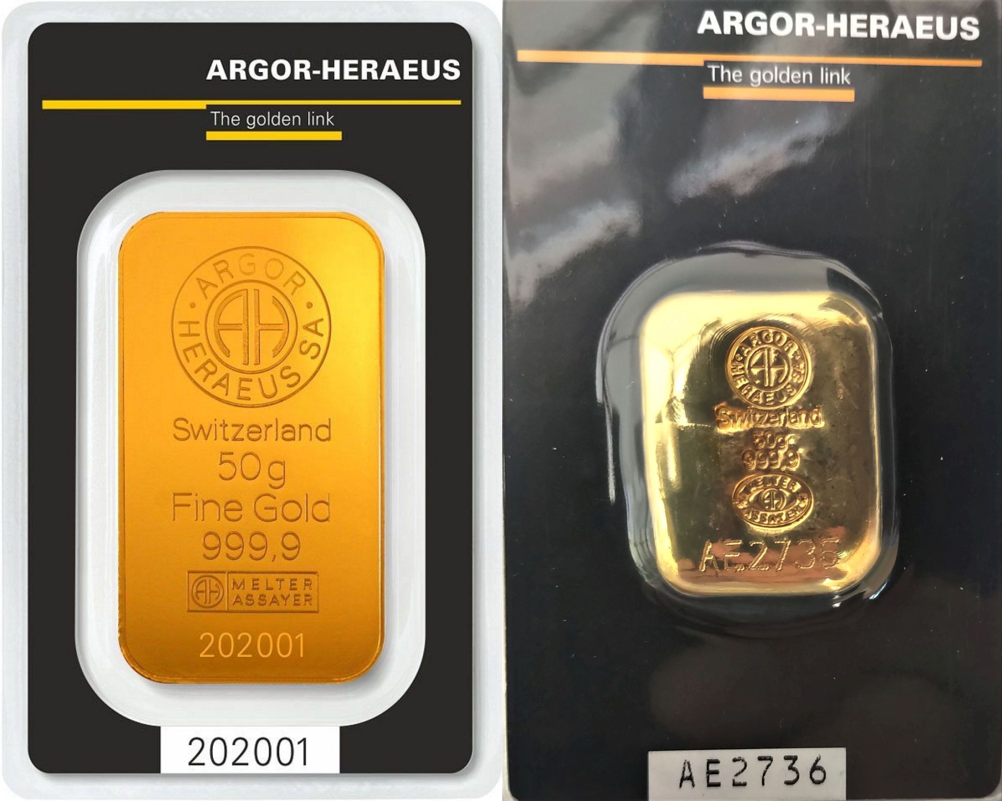 Zlatý slitek Argor Heraeus  50 g litý nebo ražený